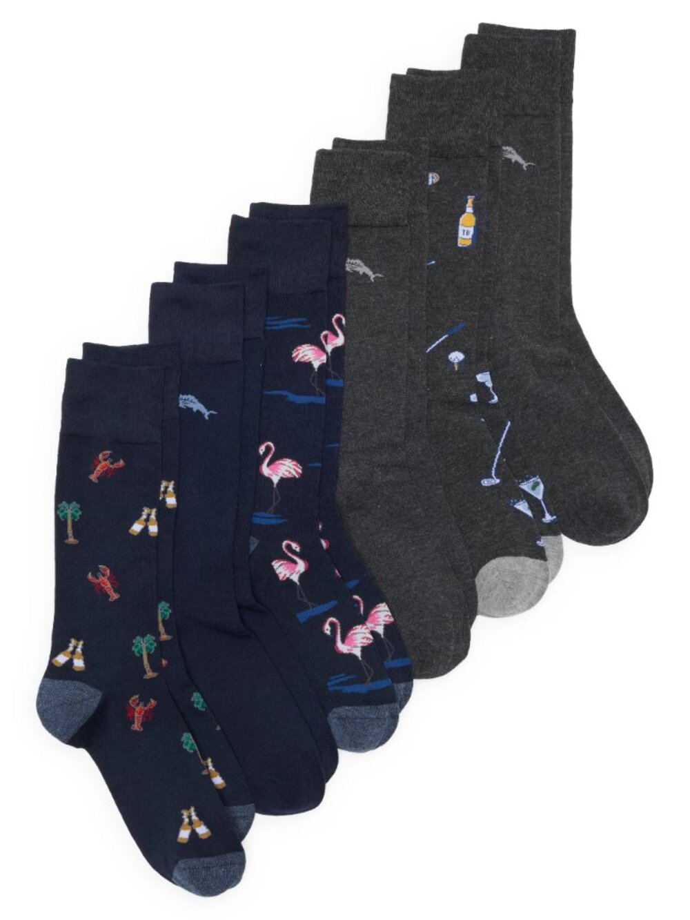 Tommy Bahama 6 Pack Crew Socks Lobsters Palms Golf Flamingos Navy Grey $82.50